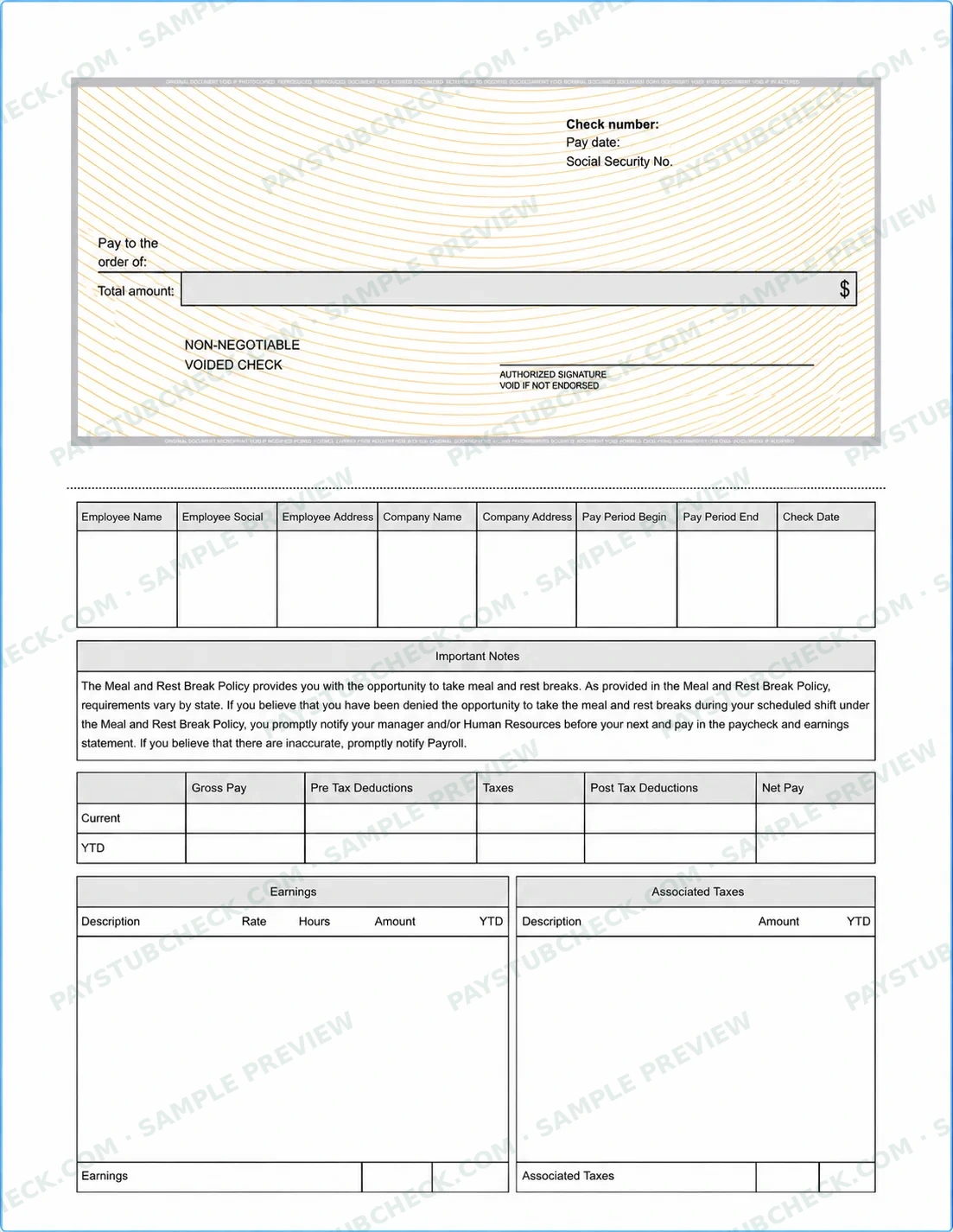 Payroll Check Stub template