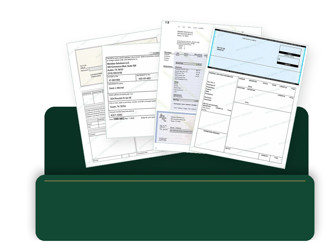 Paystubs, tax forms, and agreements gathered in a green document folder