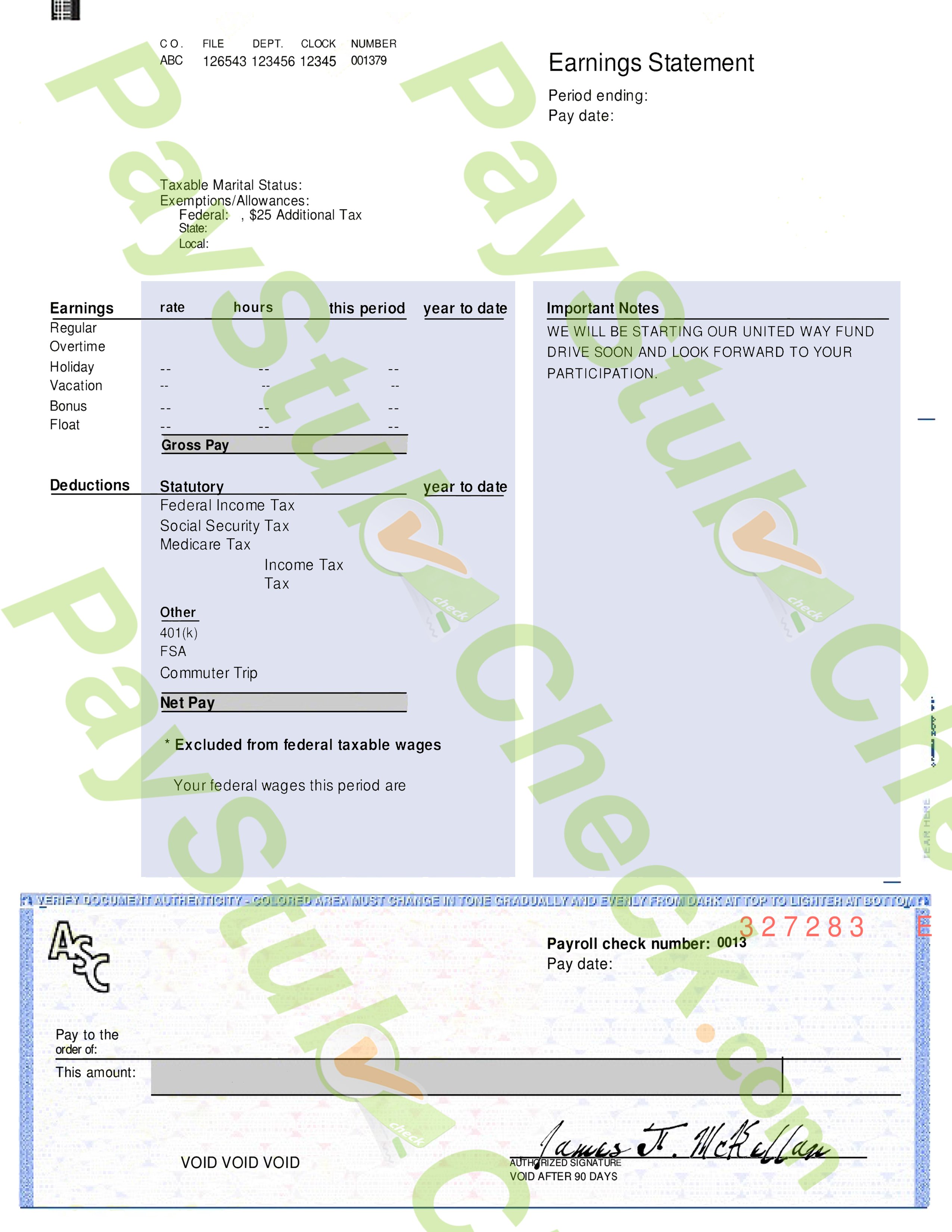 Professional Earnings Statement — preview with PayStubCheck watermark