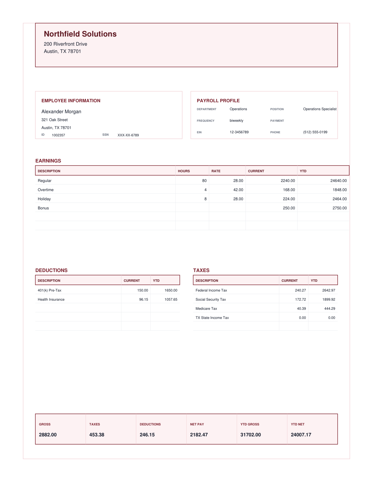 Corporate HR Earnings Statement template