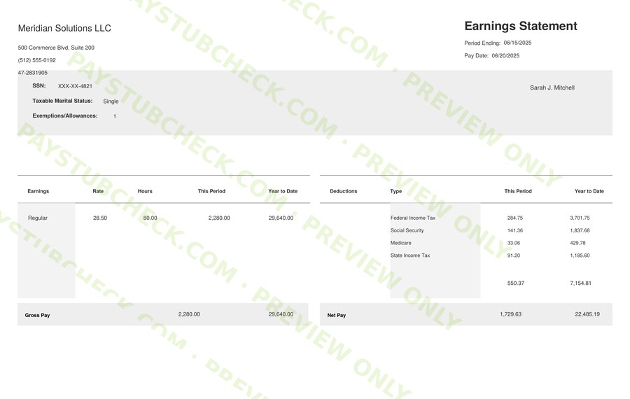 Simple Wide free paystub full preview